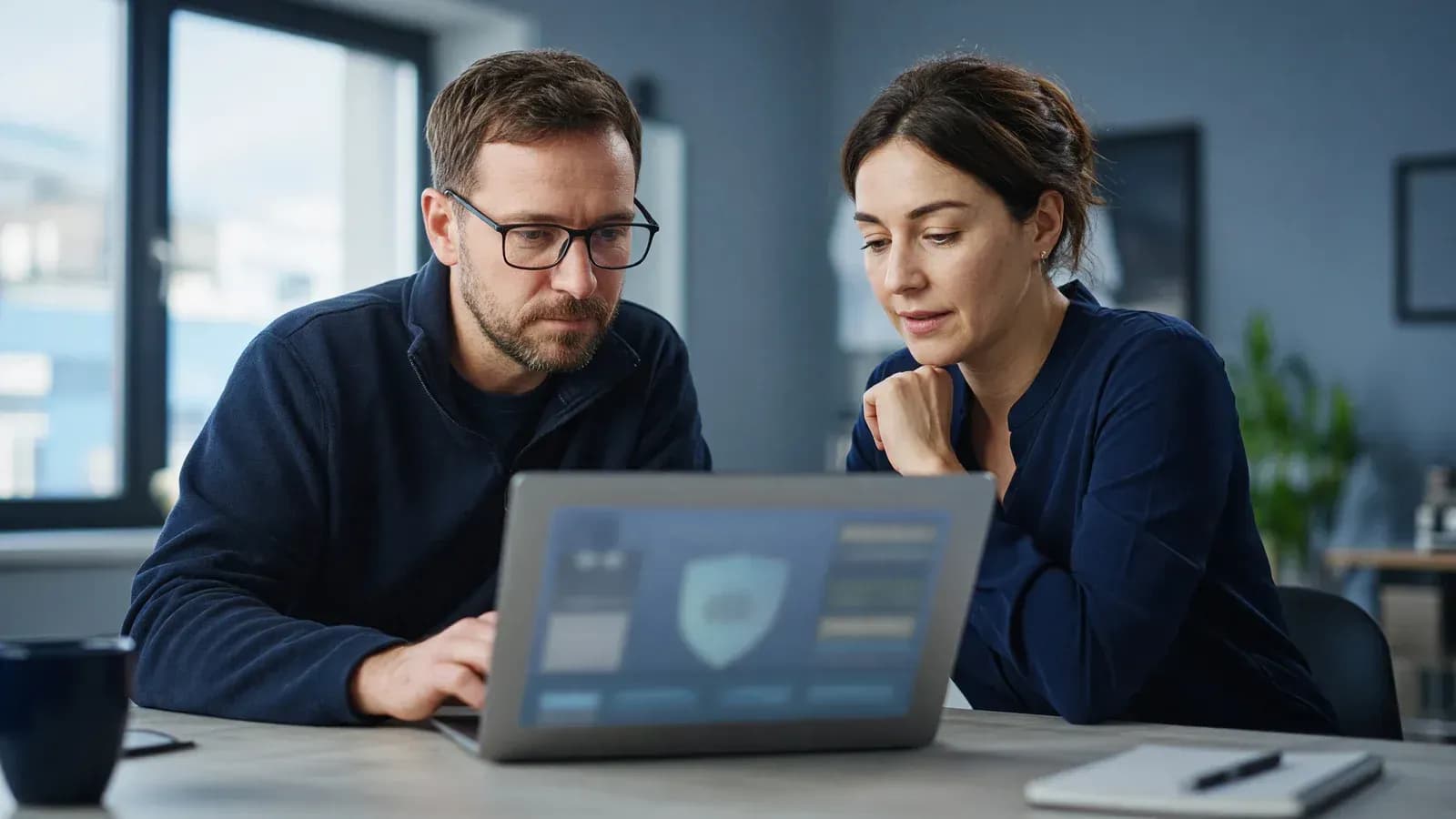 An IT engineer and a business owner reviewing security settings on a laptop